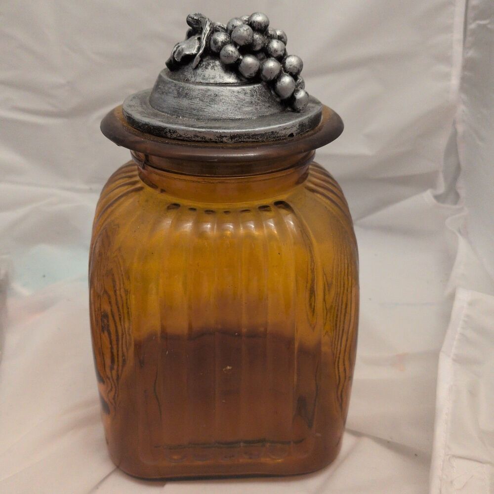 Vintage Artland Amber Ribbed Glass Apothecary Canister Jar with Cast Metal Grape